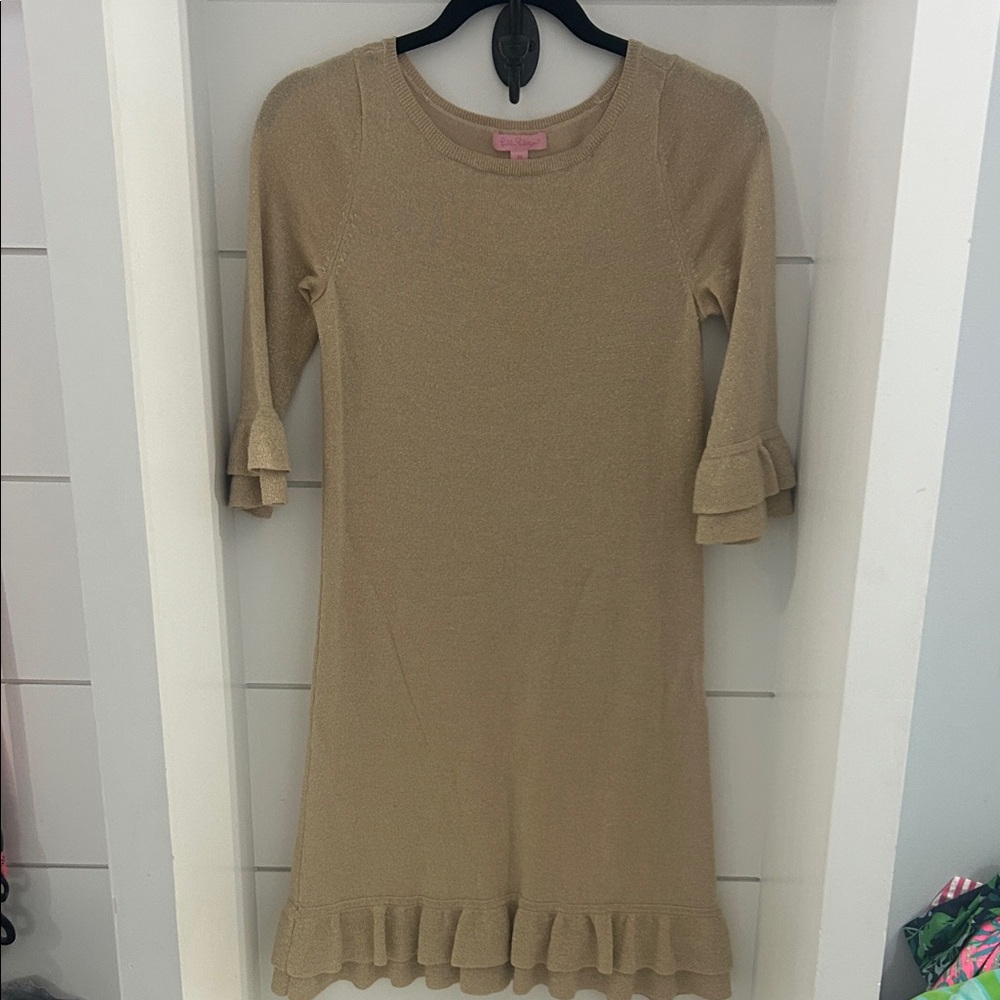 Beautiful lightweight, gold shimmer Lilly sweater dress